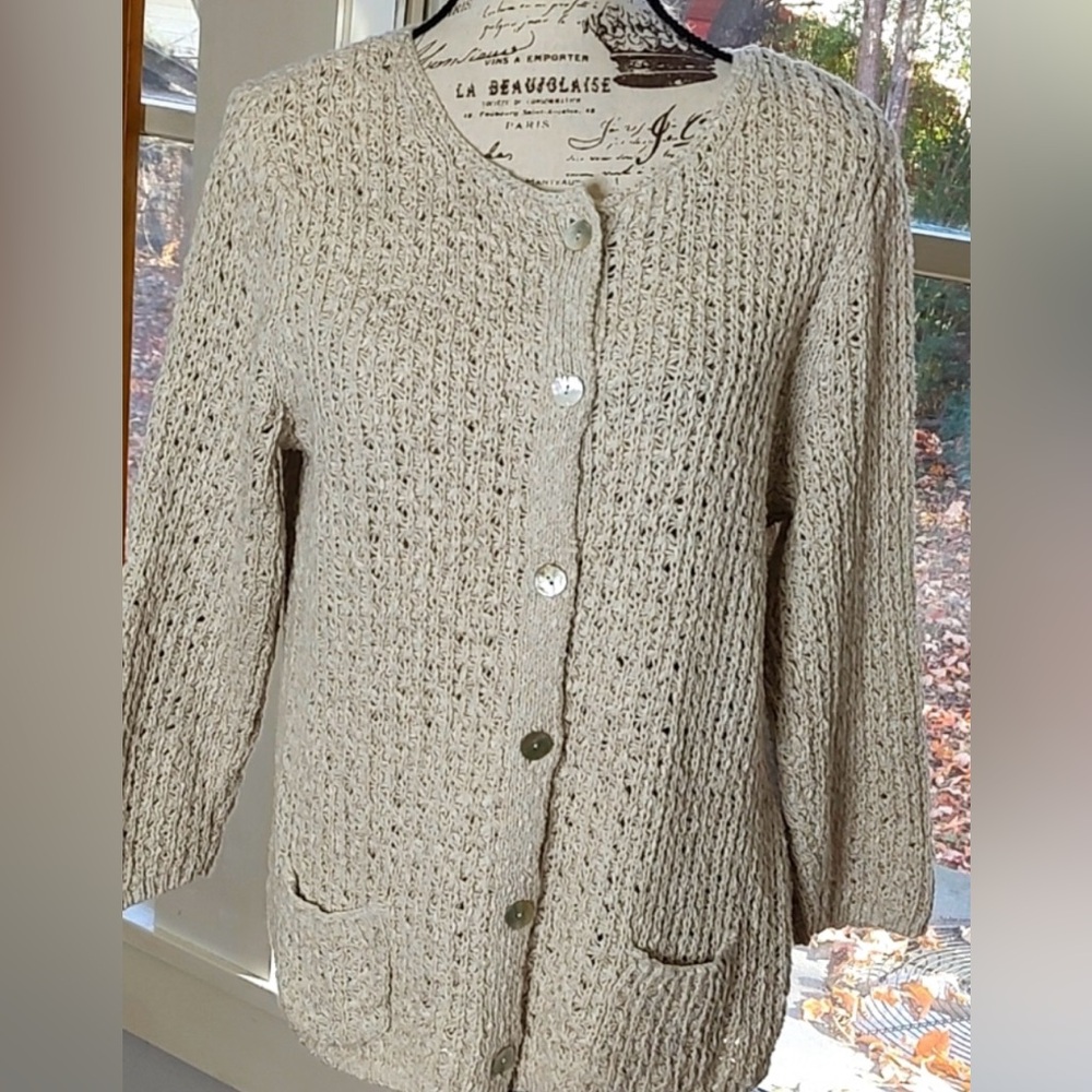 J-Jill Button Down Cardigan Sweater Natural Cotton/Linen Blend SZ: L